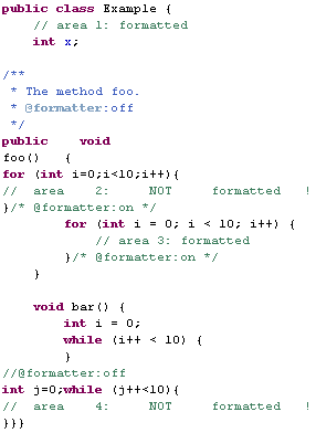 Java formatter example. Some code using disabling and enabling tags.