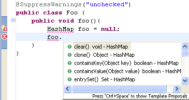 Screenshot showing Content Assist for variables with unresolved types