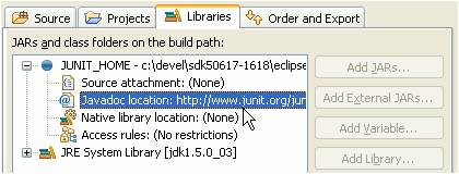 Configuring Javadoc location in the Java build path dialog