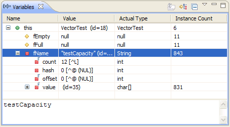 Column display in the variables view