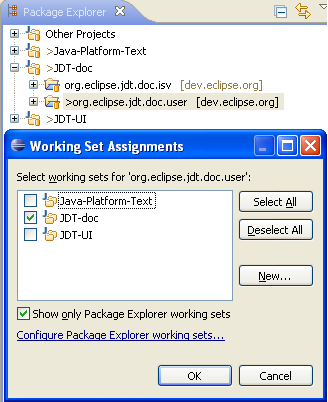 Screenshot showing the working set assignment dialog