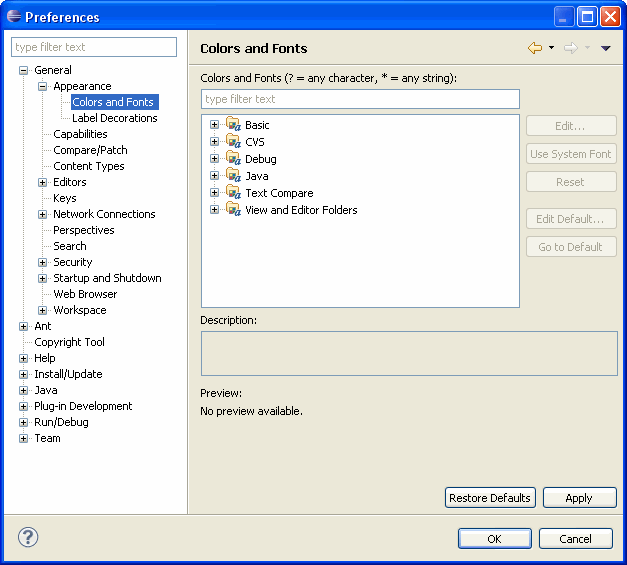 Fonts preference page