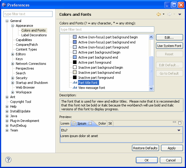 Fonts preference page