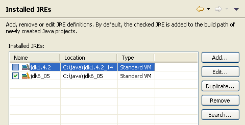 Installed JREs preference page
