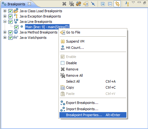 Breakpoint properties context menu item
