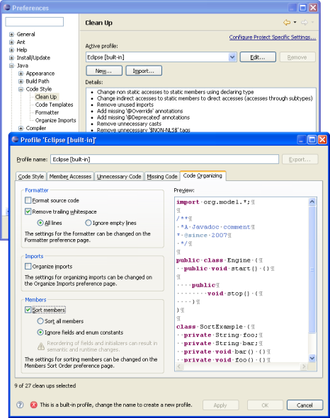 Clean Up preference page