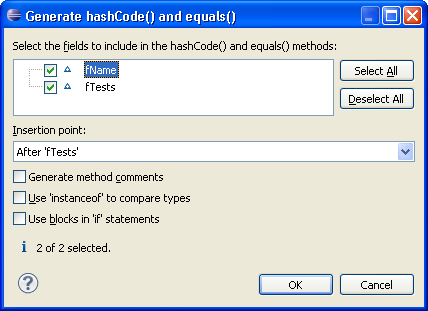 Generate hashCode() and equals() dialog