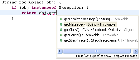 Screenshot showing Content Assist after instanceof condition
