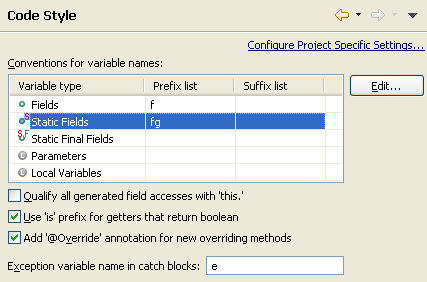 Name conventions in the code style preference page