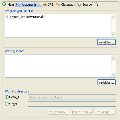 Arguments tab in the launch configuration dialog