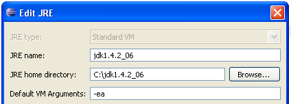 JRE preference page with default argument specified