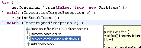 'Replace catch clause with throws' quick assist