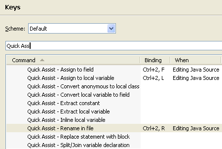 Keys preference page with quick assist shortcuts