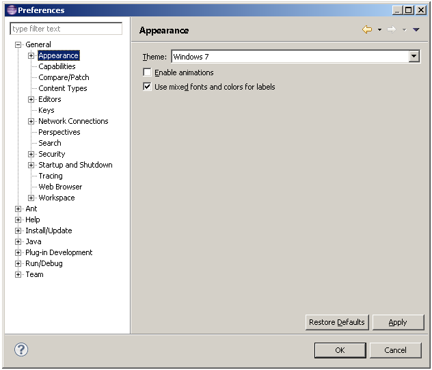 Appearance preference page