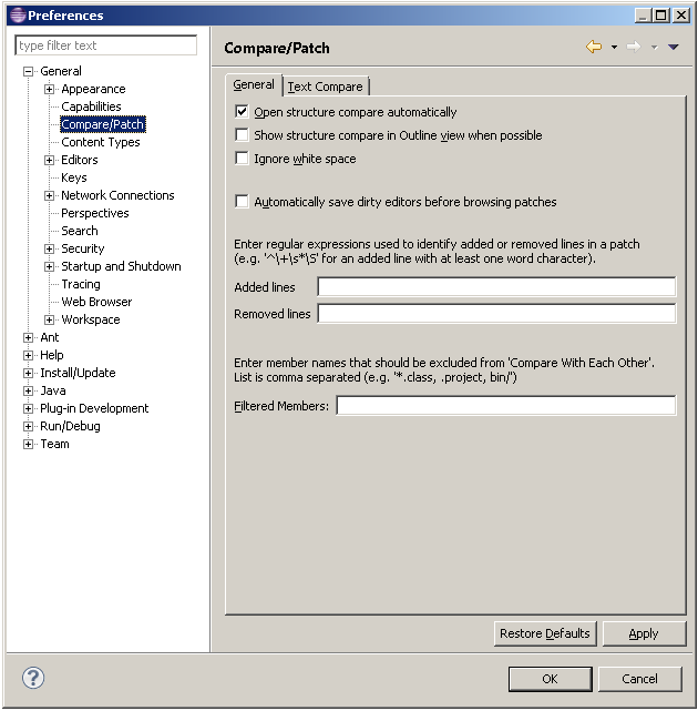 Compare preference page (General tab)