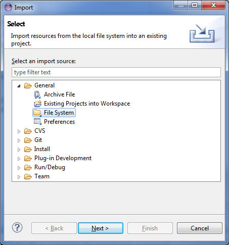 Import Wizard. Import resources from the local file system.