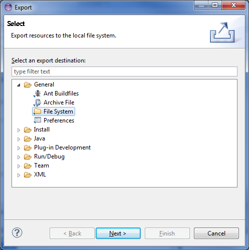 Export Wizard. Select an export destination.