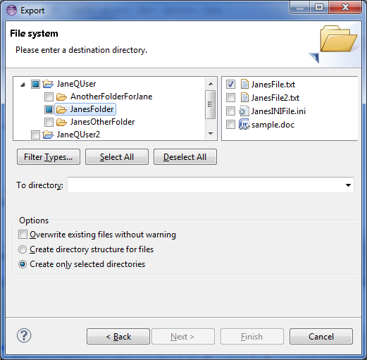 Export Wizard. Enter a destination directory.