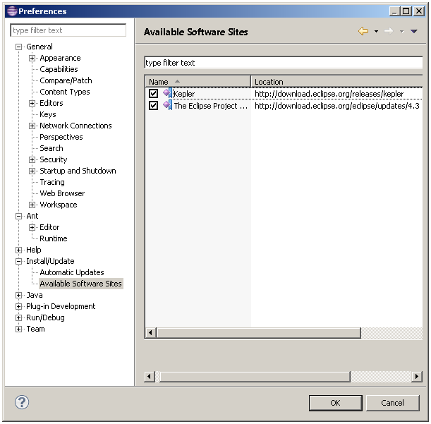 Available Software Sites Preference Page