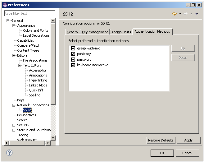 SSH2 preference page - Authentication Methods tab