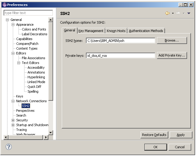 SSH2 preference page - General tab