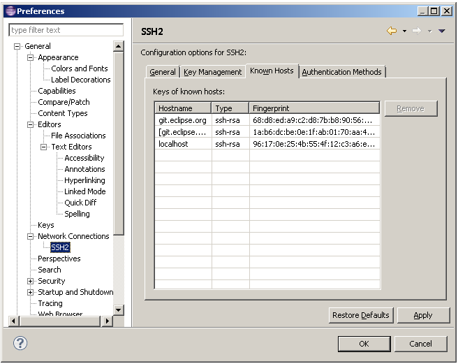 SSH2 preference page - Known Hosts tab