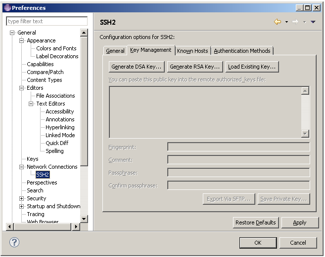 SSH2 preference page - Key Management tab