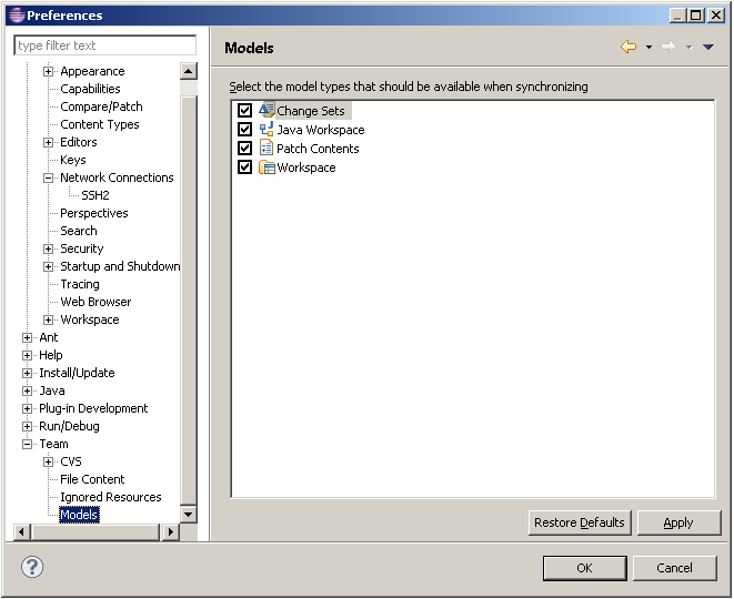 Team Models preference page